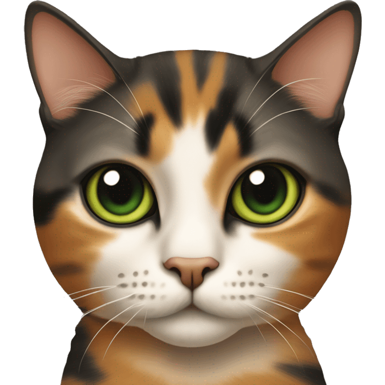 A cat with piercing green eyes, a sleek tortoiseshell coat of black and caramel hues, and an orange stripe down the nose. emoji