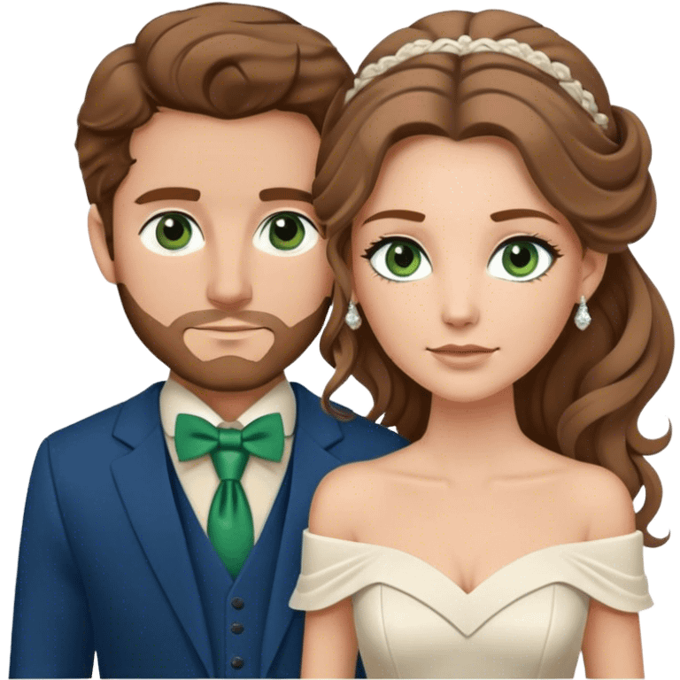 A bride and groom. Bride has brown hair with soft curls, has green eyes, wears an off shoulder dress. Groom has blond hair, has blue eyes, wears a brown suit with a brown vest and a bolo tie. emoji