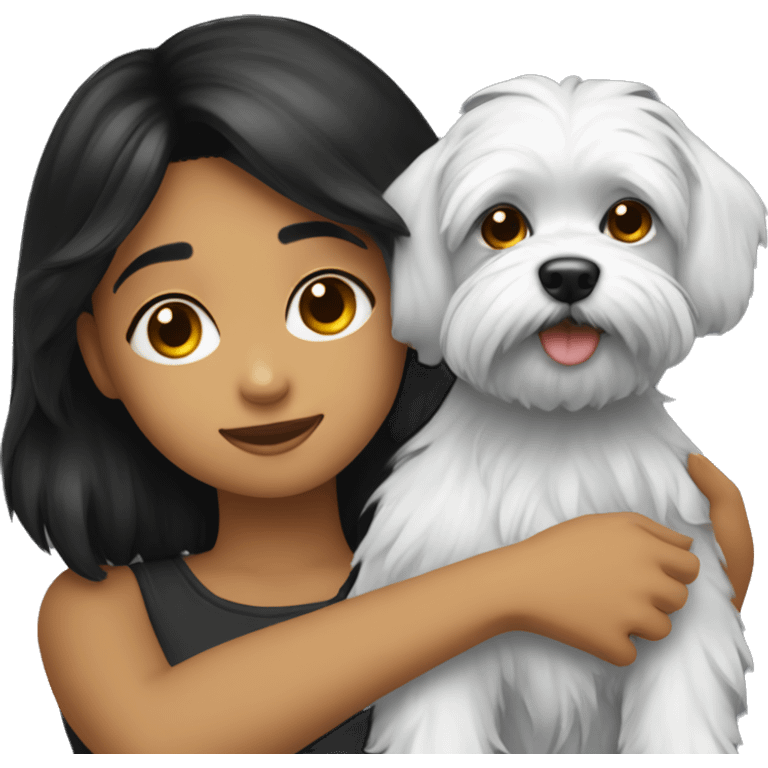 black haired girl hugs black maltese dog emoji