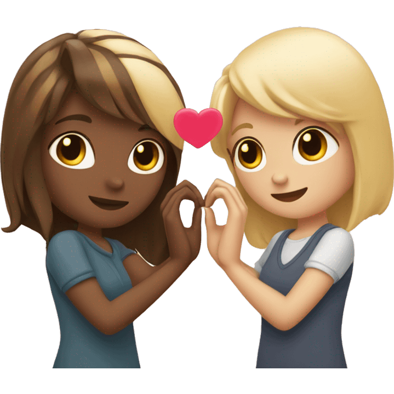 Two blonde and brunette friends make a heart with their hands together emoji