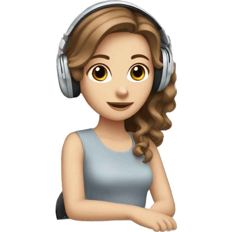 white girl at desk, brown hair, blue eyes, computer, headphones emoji