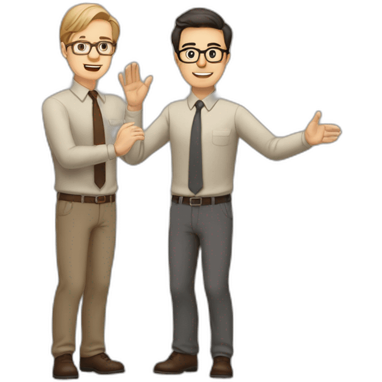 To belt Actively gesturing with hands Pale skinned fit man teacher with dark brown hair in gray jacket, beige office shirt, brown tie, brown pants and vintage glasses. emoji