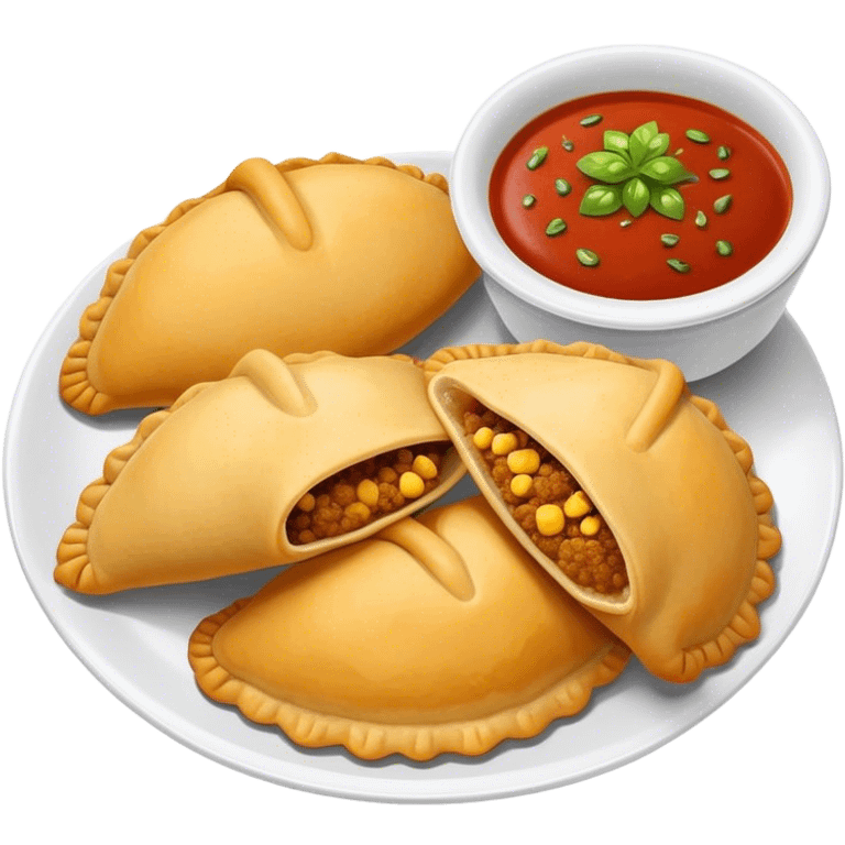 Cinematic Realistic Colombian Cornmeal Empanadas Emoji, showcasing the golden, crispy shell filled with savory meats and spices, served with a side of aji dipping sauce, rendered with vibrant textures and warm, inviting lighting. emoji