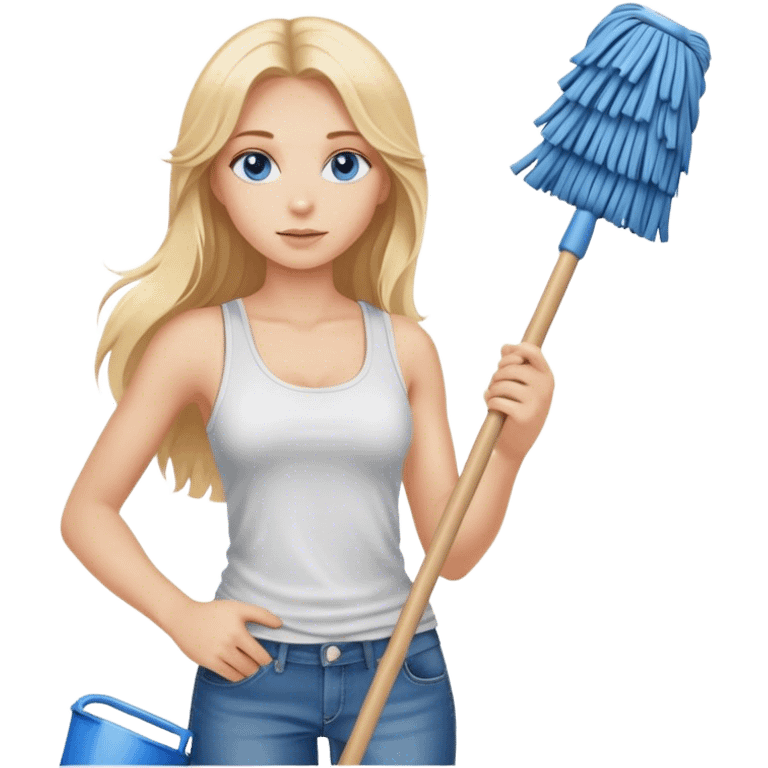  blonde with long hair and blue eyes, dressed in jeans and a tank top, holding a mop in her hands emoji