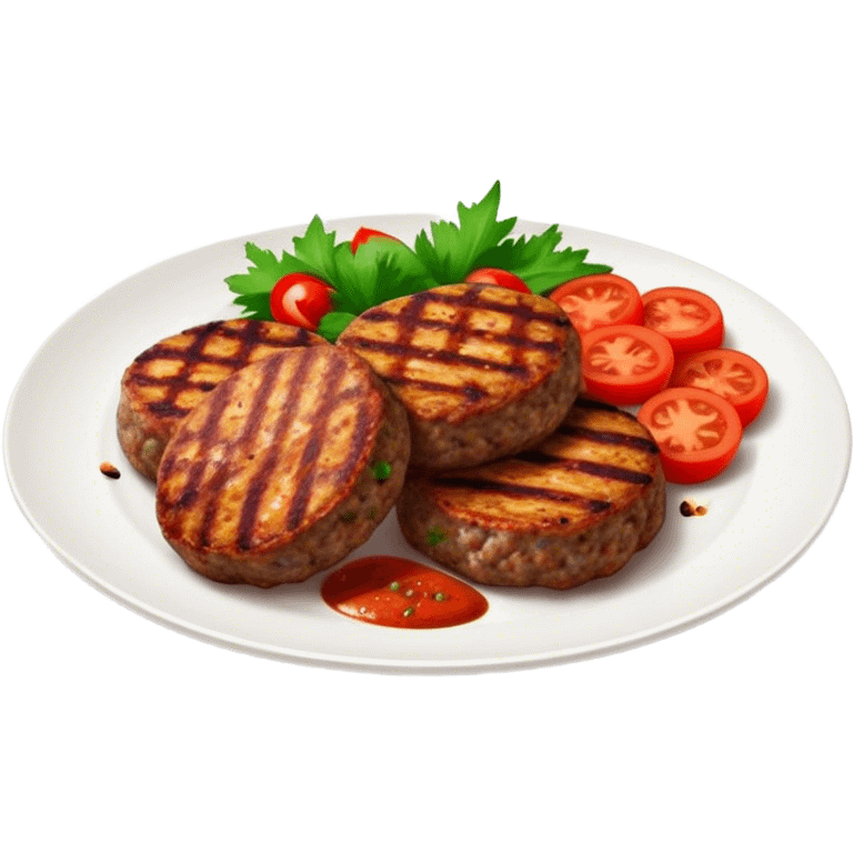 Cinematic Realistic image of Turkish Köfte, presented as perfectly formed, spiced meat patties with detailed textures and subtle grill marks, arranged artfully on a simple plate and illuminated by warm, appetizing lighting that accentuates their savory appeal. emoji