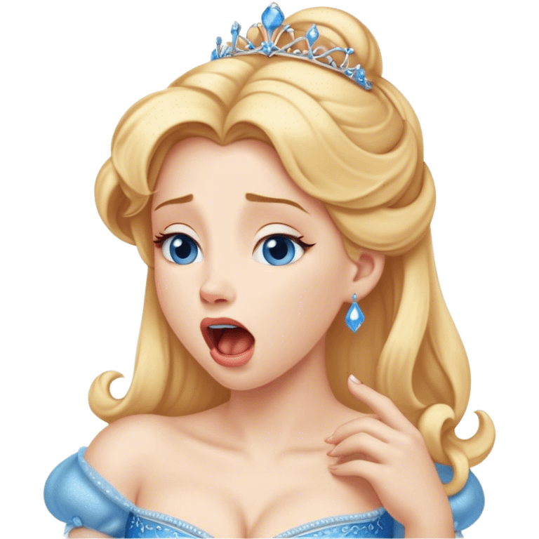 Cinematic Realistic Yawning Cinderella Portrait, showcasing lifelike porcelain skin and intricately detailed golden-blonde hair styled flawlessly as she mid-yawn reveals a moment of tender vulnerability. Her half-closed blue eyes and relaxed expression are rendered with natural, soft lighting that emphasizes the subtle textures of her face and the detailed, flowing fabric of her iconic gown. The scene glows with a cozy, authentic warmth that captures a rare, intimate moment of repose. emoji