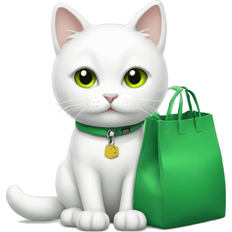 White cat with green bag emoji