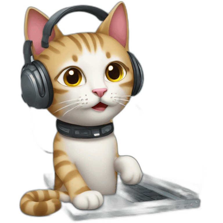 cat with headphone using laptop. emoji