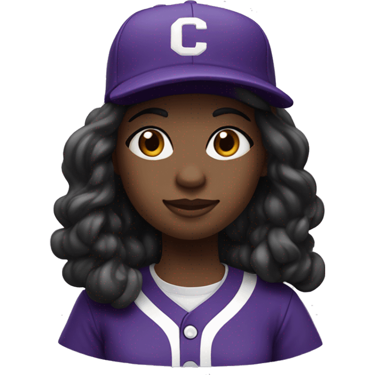 baseball card character. black girl. long hair. letter C logo. Purple and white uniform.  emoji