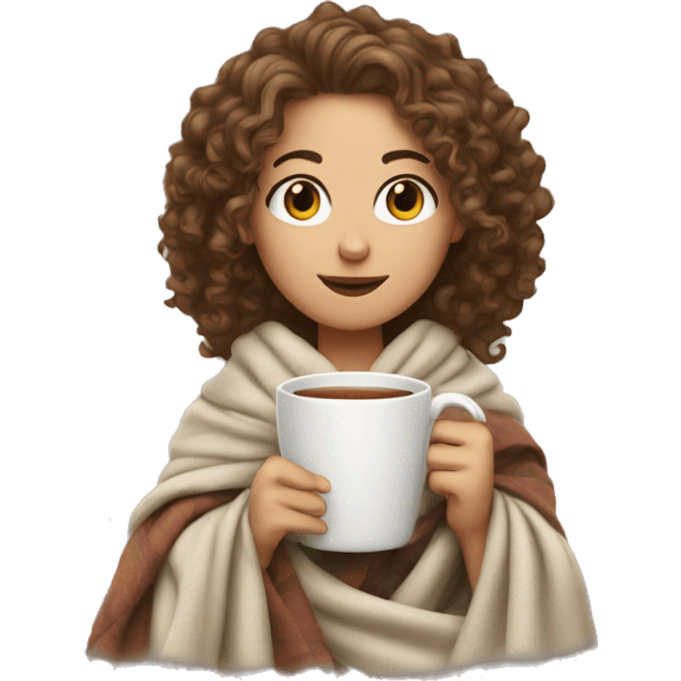 a White girl with curly hair wrapped in a blanket with a cup of tea emoji