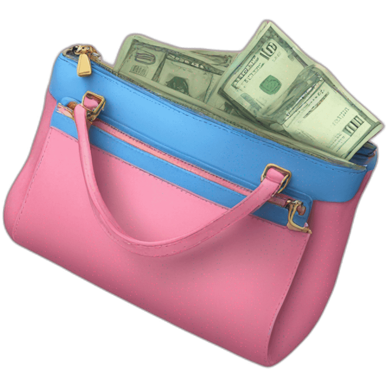 pink money bills in a blue purse. emoji