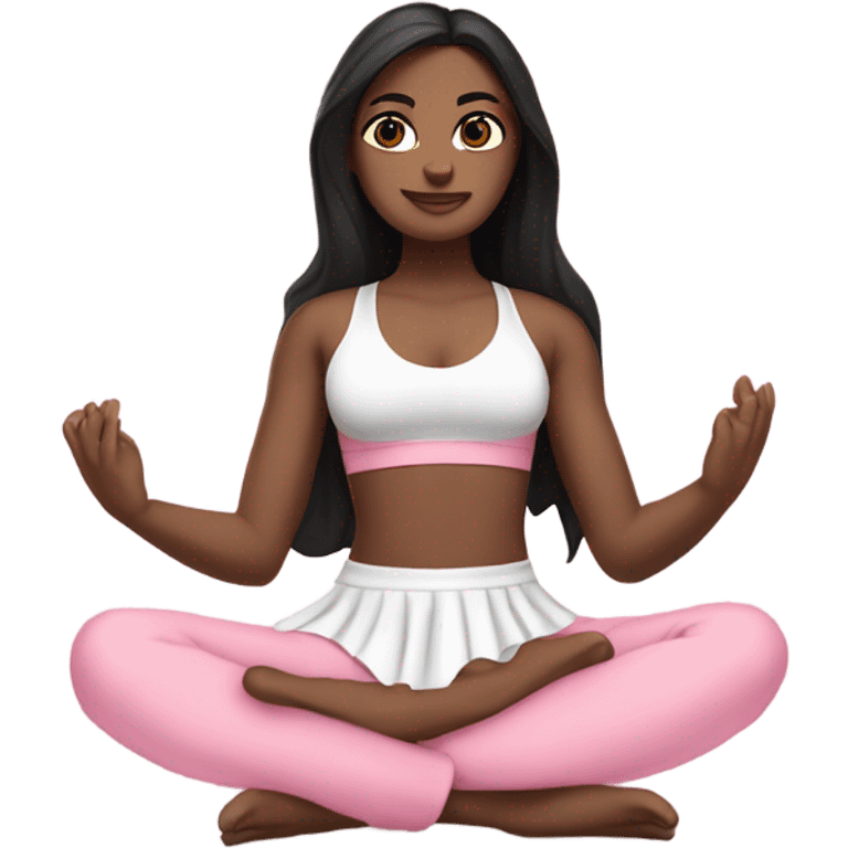 A white girl with brown eyes and black long hair,  is sitting in a lotus position in a pink bra top and short white skirts emoji