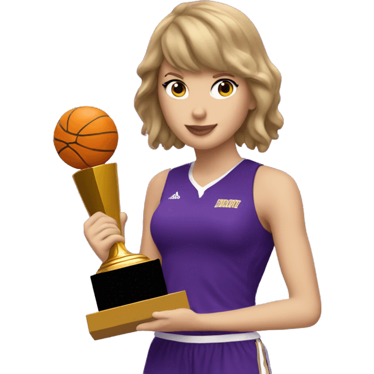 Taylor Swift wearing purple basketball uniform holding trophy emoji