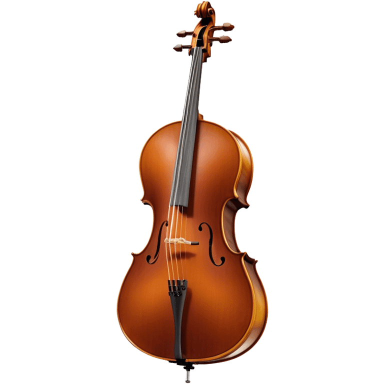 Create an elegant and refined emoji representing the Cremona cello with a Hans Klein HKCB bow. The design should feature the curved wooden body of the cello with a rich, glossy finish, capturing its classical shape and intricate details. The bow should be displayed with fine craftsmanship, highlighting the hair and the smooth, polished wooden stick. Include subtle musical notes floating around the instrument to emphasize its rich, melodic sound. Use deep wood tones like chestnut brown, gold accents for the fittings, and soft lighting effects to give the instrument a timeless, professional feel. The background should be transparent. emoji