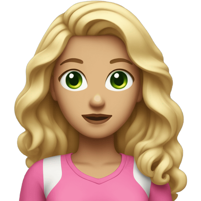 woman with green eyes long wavy blonde hair and big boobs pink shirt and tennis skirt emoji