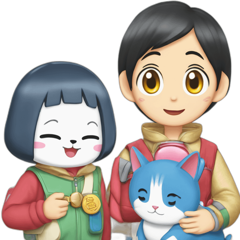 Doraemon and Dorami with a name tag of "Anjali" on Doraemon and "Aouf" on Dorami emoji