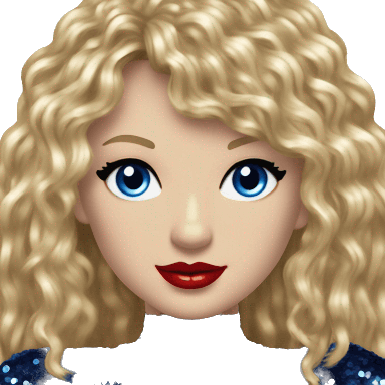 Realistic Taylor swift wearing navy blue glittery sequin bodysuit with tassels and gems and long hair with red lipstick and blue eyes  emoji