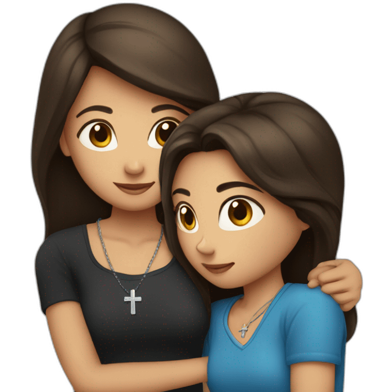 one girl with long brown hair wearing a cross necklace and one girl with medium black hair wearing a blue shirt hugging emoji