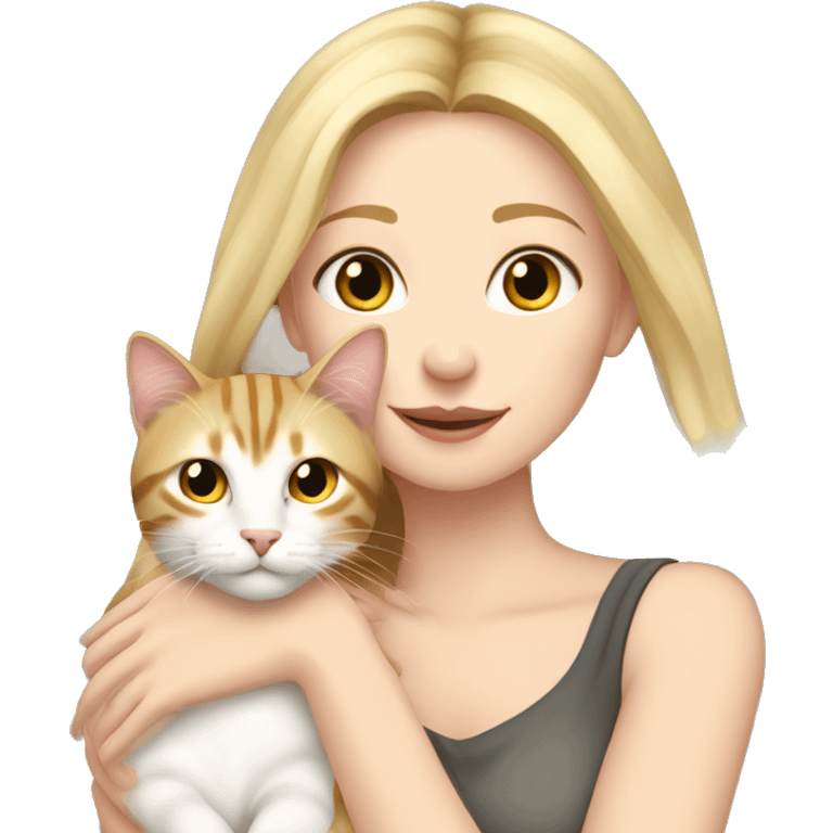 pretty woman with pale skin, very long blonde hair  hugging a tabby cat emoji