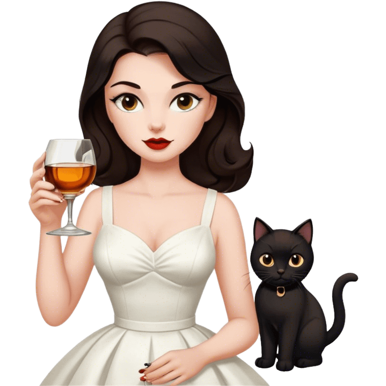 Beautiful woman in 1950’s woman fashion look, white dress, long dark brown hair, whisky with ice, black cat emoji