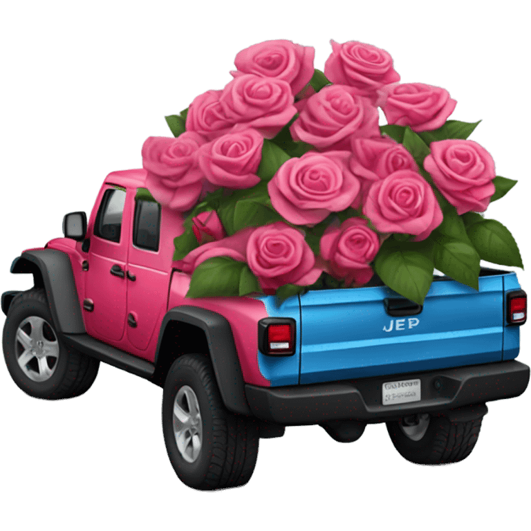 Realistic Red Jeep Gladiator with the truck bed full of pink roses. emoji