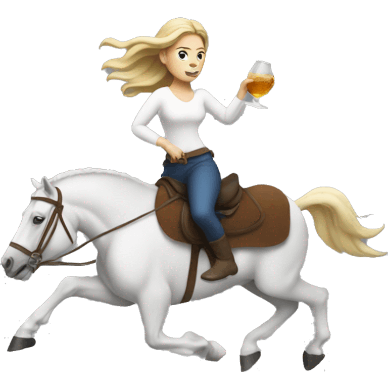 White woman running on horse holding liquor emoji