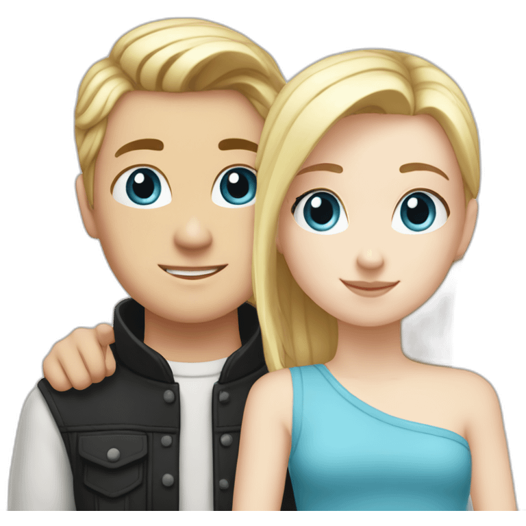 blond white girl with blue eyes hug white boy with black hair with pony-tail emoji