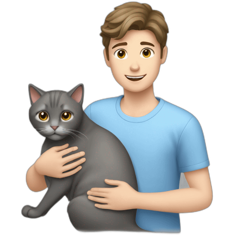 White brunette boy petting grey cat emoji