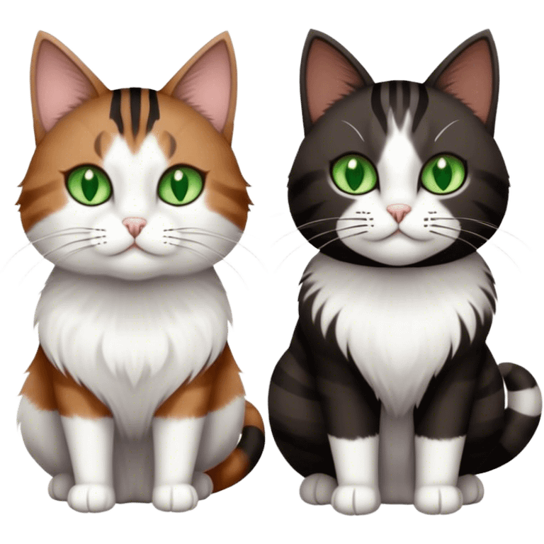 Grey and white cat next to a brown and black striped with white fluffy fur cat. Both cats have green eyes. The brown, black, and white one is bigger than the grey one. Make them look majestic  emoji