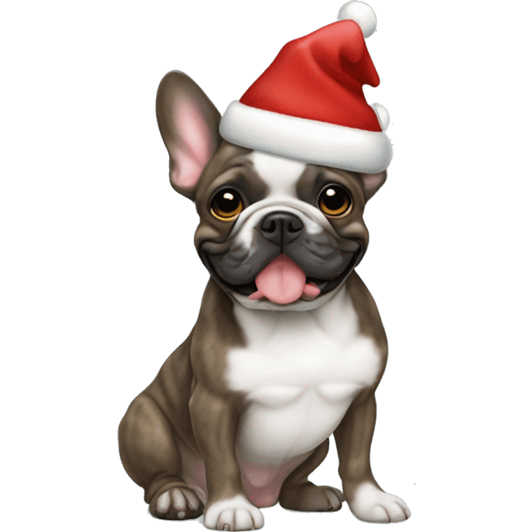 Brindle French bulldog with christmas hat emoji