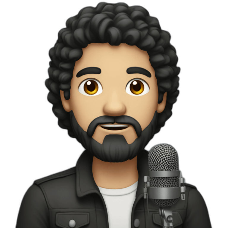 A stocky man with a black beard and thick hair and a microphone emoji