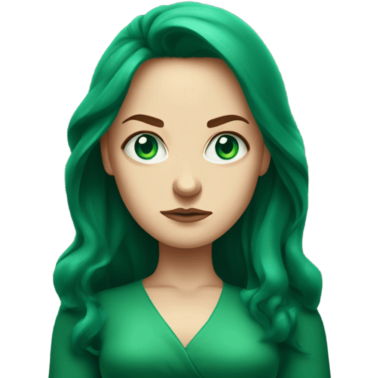 Rich woman, red long hair,  pale-skin, emerald blue-green-eyes,  scowling, very small nose, glaring, angry, arms folded emoji