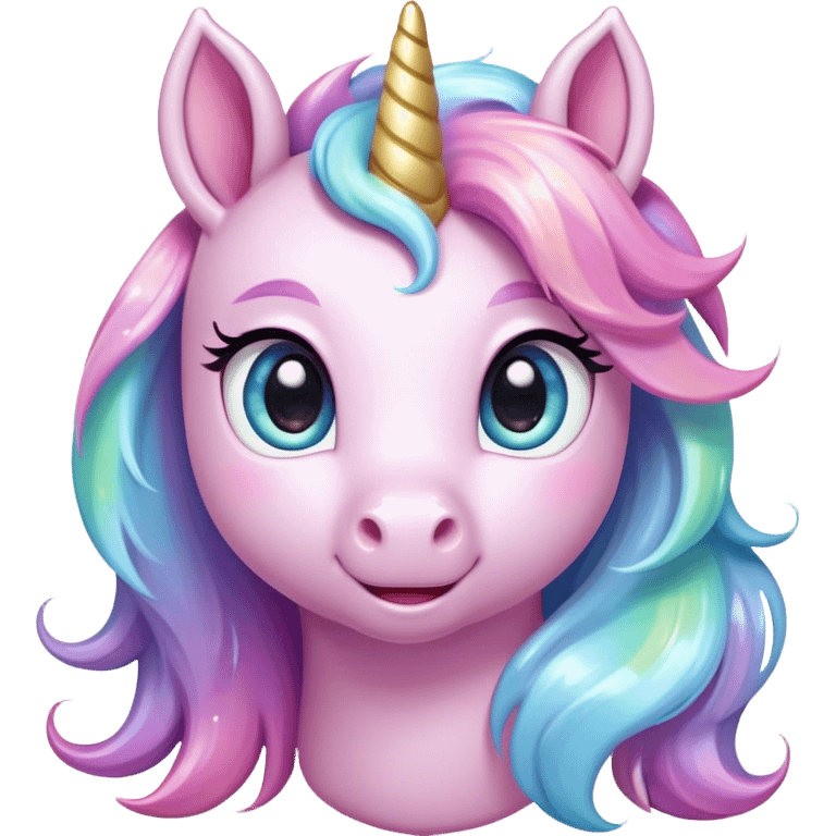 Cinematic pastel-colored unicorn, flowing iridescent mane, big sparkling eyes, tiny rounded hooves, soft chubby cheeks, delicate magical glow surrounding, enchanting and dreamy. emoji