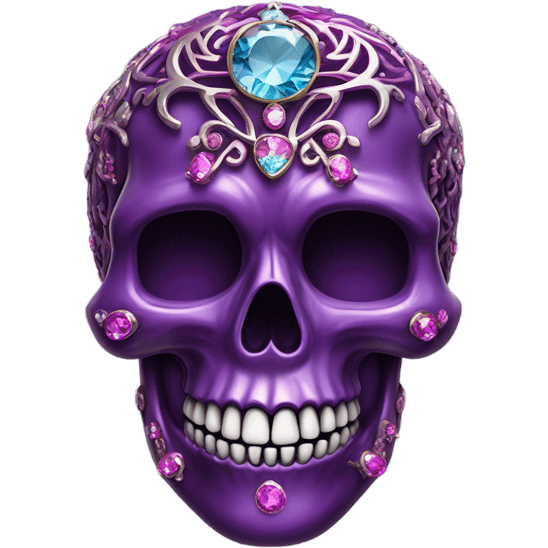 Realistic isolated metallic ornate dark purple,magenta,light blue,and hot pink filigree skull decorated with shiny diamonds and rhinestones.  emoji