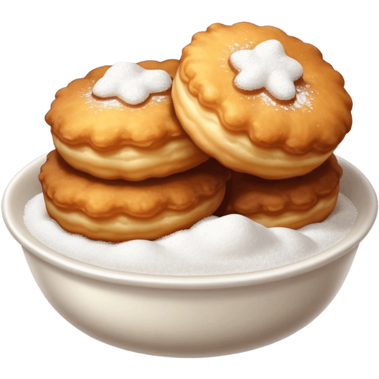 Buñuelo Cinematic Realistic Buñuelo Dessert Emoji, depicted as perfectly round, fluffy fritters served in a small bowl with a dusting of powdered sugar, rendered with vibrant textures and warm, inviting lighting. emoji