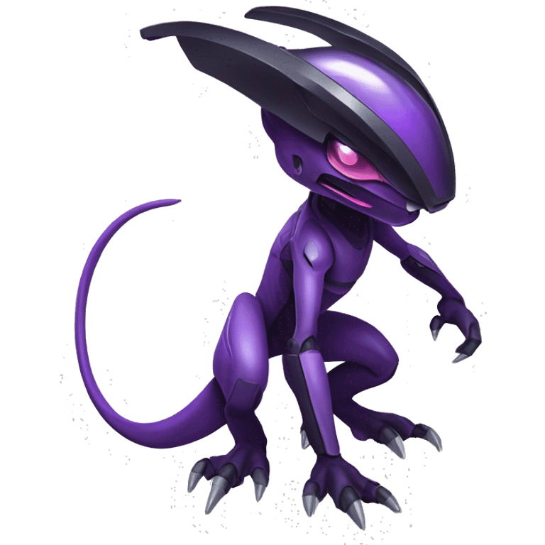 a shiny black-purple Genesect-Raptor-Fakémon—hybrid with a futuristic visor-helmet full body emoji