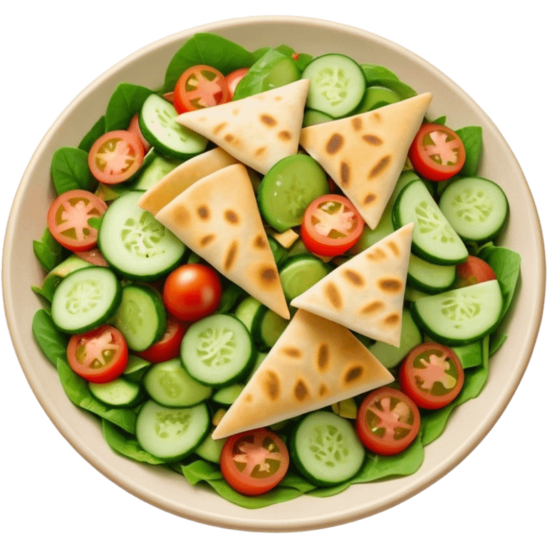 Cinematic Realistic Fattoush Salad Dish Emoji, depicted as a colorful medley of greens, tomatoes, cucumbers, and crispy pita rendered with vibrant textures and refreshing lighting. emoji