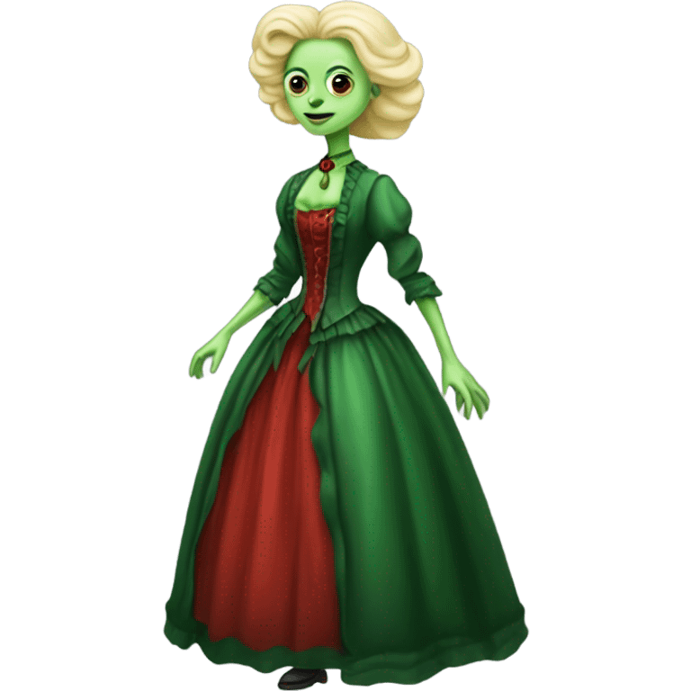 "galora green blonde alien woman" in red Victorian dress red elegant, full body emoji