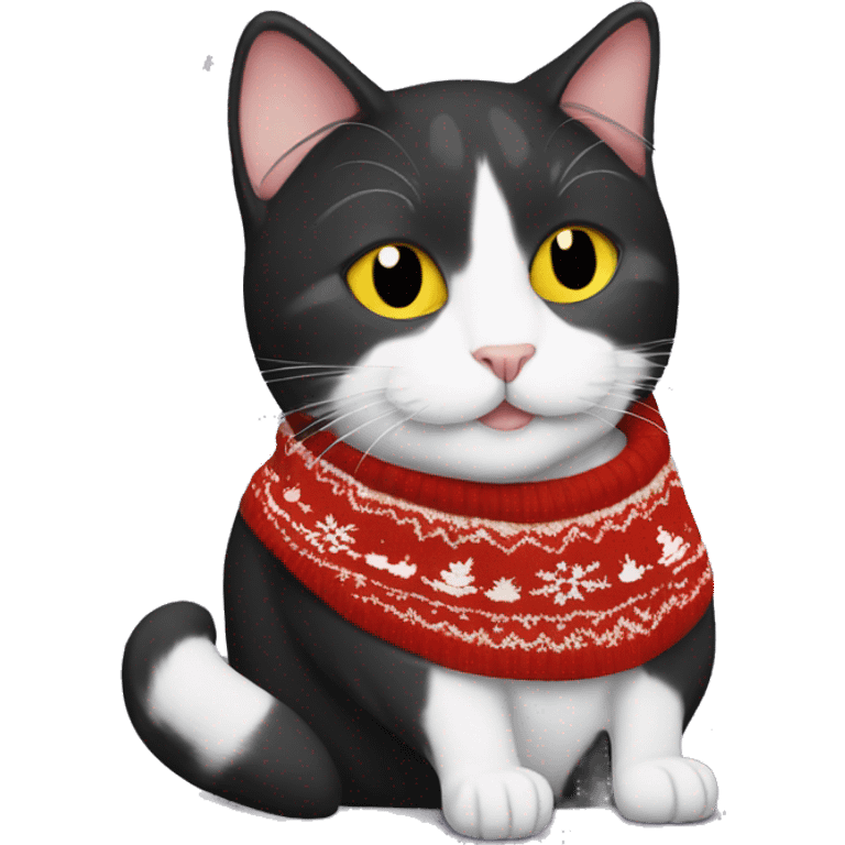 tuxedo cat with yellow eyes with a christmas sweater on emoji