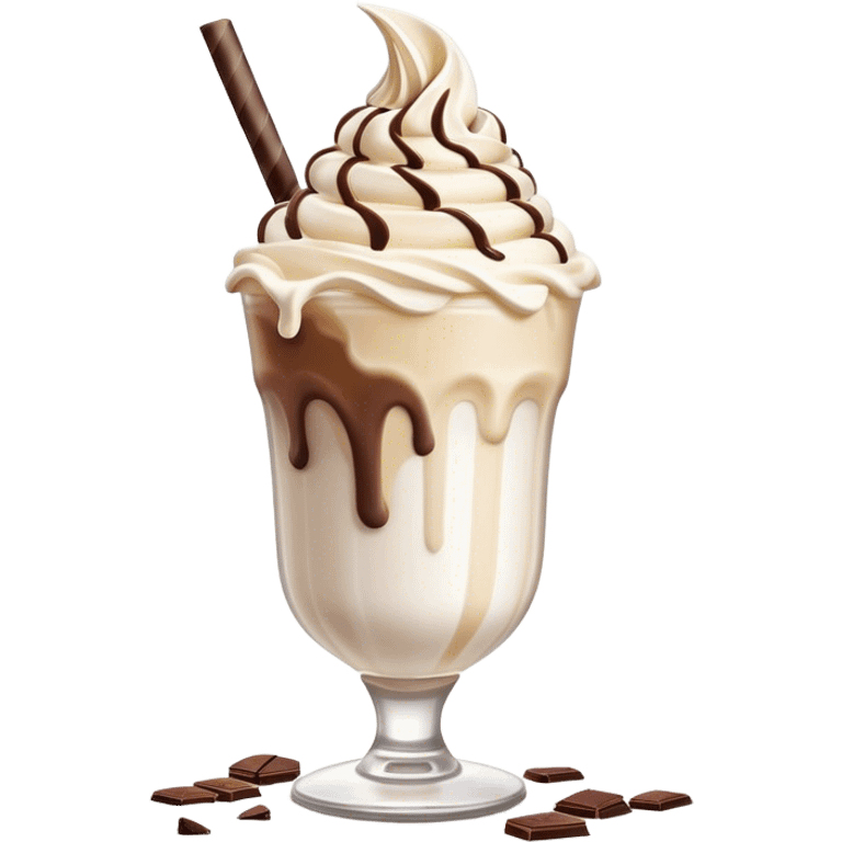 Cinematic Realistic Milkshake Drink Emoji, depicted as a thick, creamy milkshake with a swirl of whipped cream rendered with rich textures and inviting, nostalgic lighting. emoji