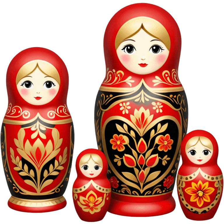 Wood painting icon, process of creating painted wooden matryoshkas (nesting dolls) of various sizes, vase, and small wooden box, visible carving tools, paintbrushes, traditional patterns in bright colors like red, gold, and black, no finished artwork, just the crafting process, minimalistic style, clean lines, transparent background. emoji