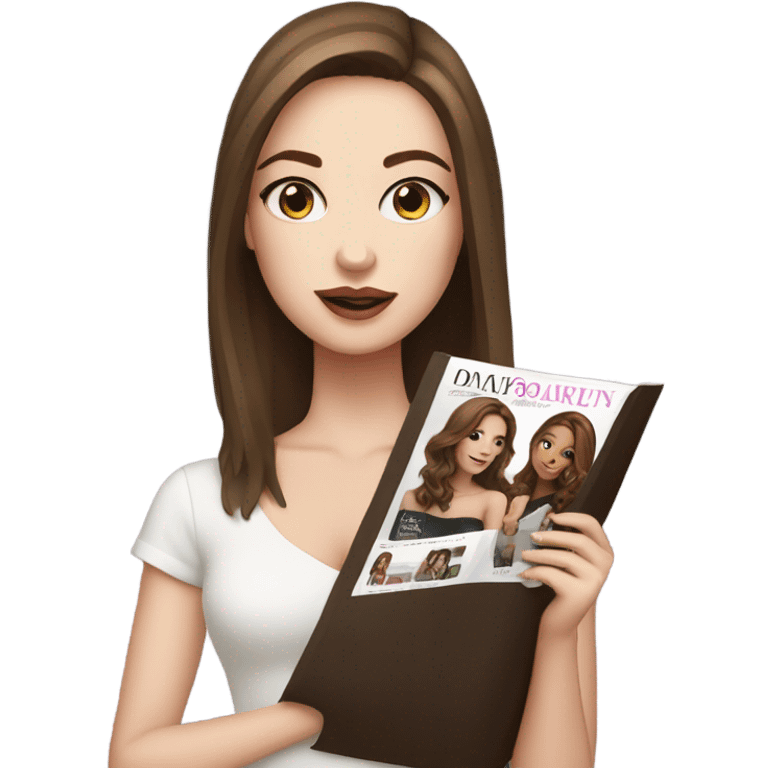 pretty girl with white skin and brown hair standing up holding a fashion magazine with a woman on the cover of the magazine emoji