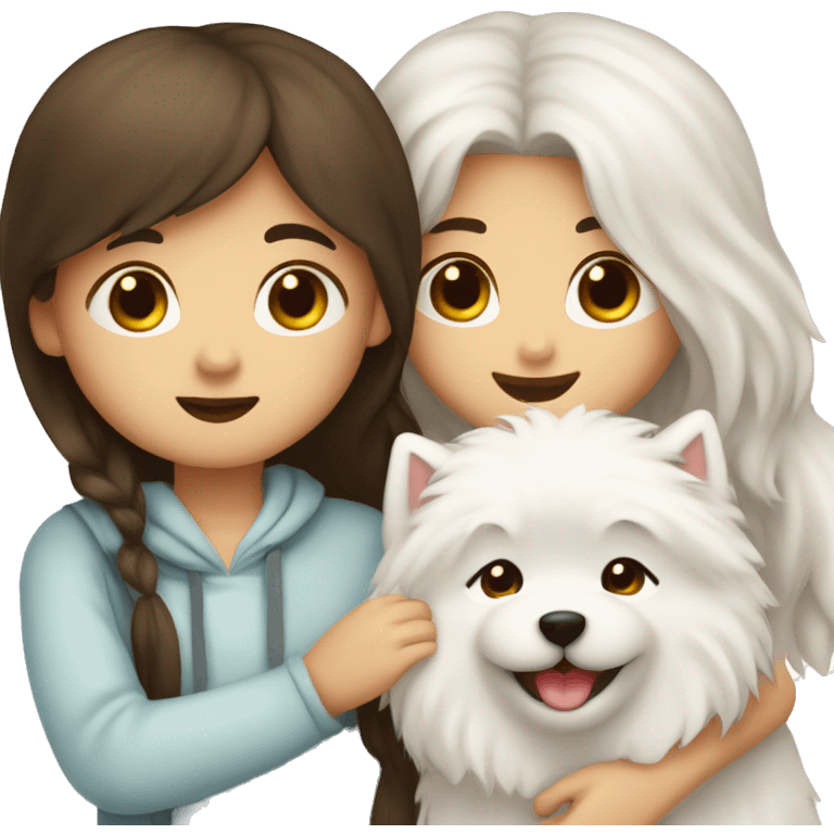 Girl brunette long hair hugging a boy samoyed and girl samoyed  emoji