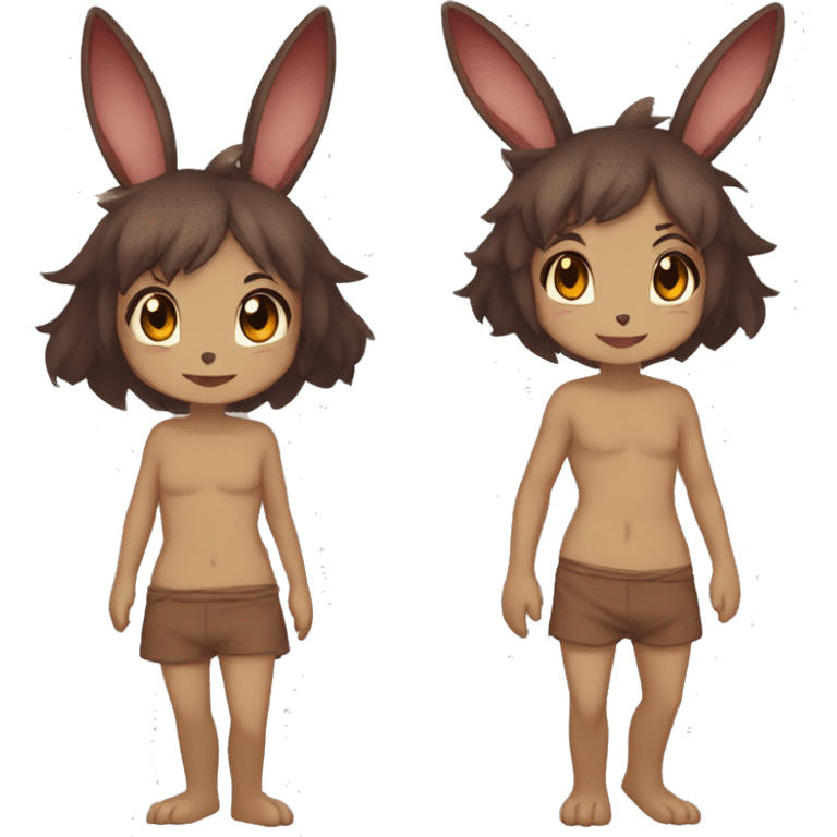 Anthro, Sona, Dark-Brown, Normal-type-Ground-type Tan-Rabbit-Fakémon with Dark-Red eyes, beige ears, beige belly, beige paws, beige feet, beige freckles, full body emoji