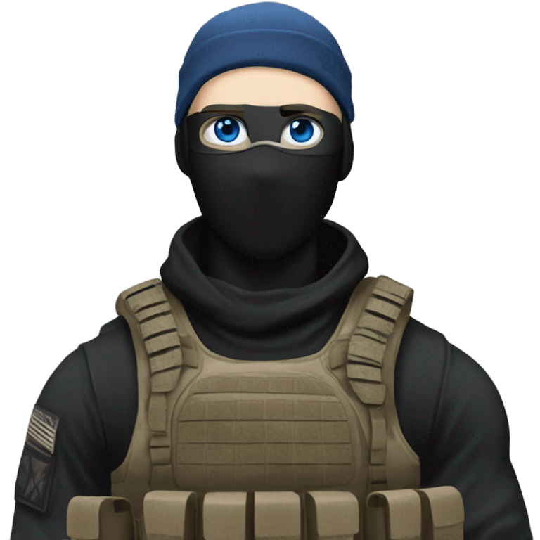 male, pale skin, call of duty black face mask, camo tactical gear, combat boots, black beanie, blue eyes emoji