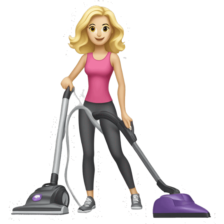 Blonde Caucasian woman vacuuming while wearing athletic wear emoji