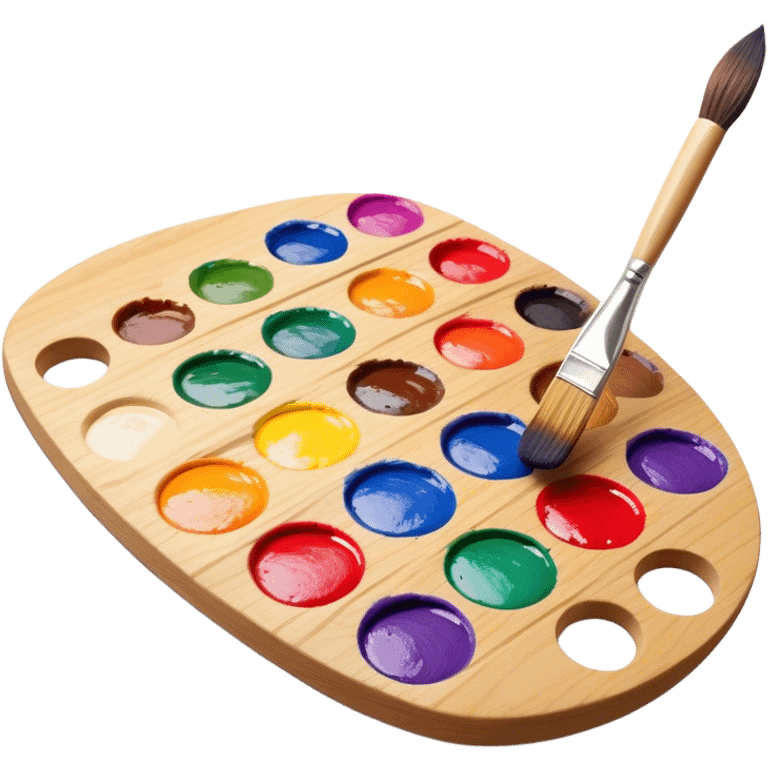 Cinematic Realistic image of a vibrant paint palette and brush, featuring a wooden palette smeared with an array of richly blended colors and a finely detailed brush with soft, delicate bristles, set against a softly textured background that evokes artistic inspiration emoji