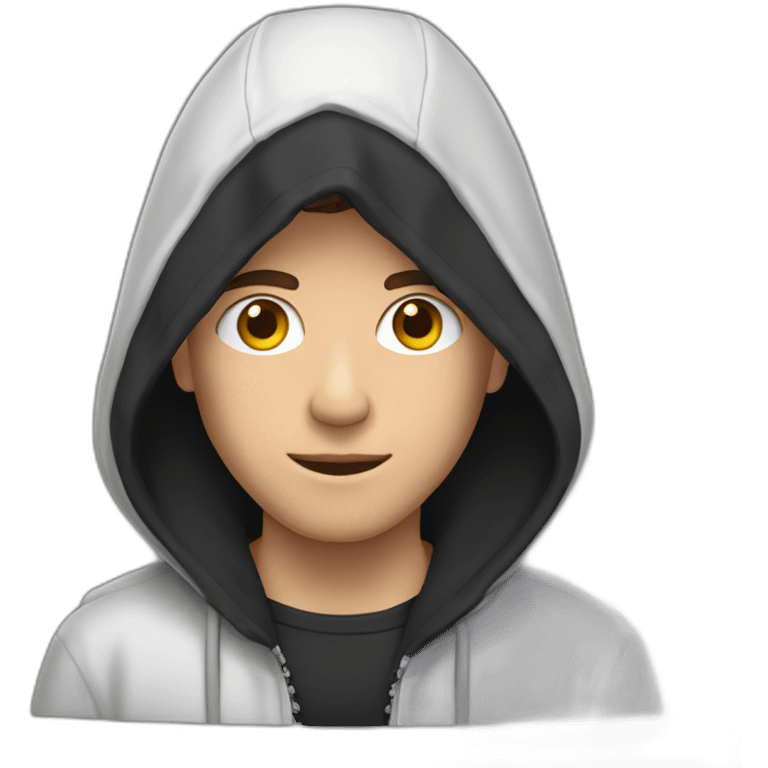 White Young man with a black hood behind his laptop opened emoji