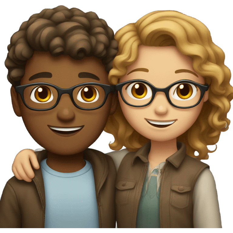 light brown haired boy with glasses and brown haired girl with wavy hair hugging emoji