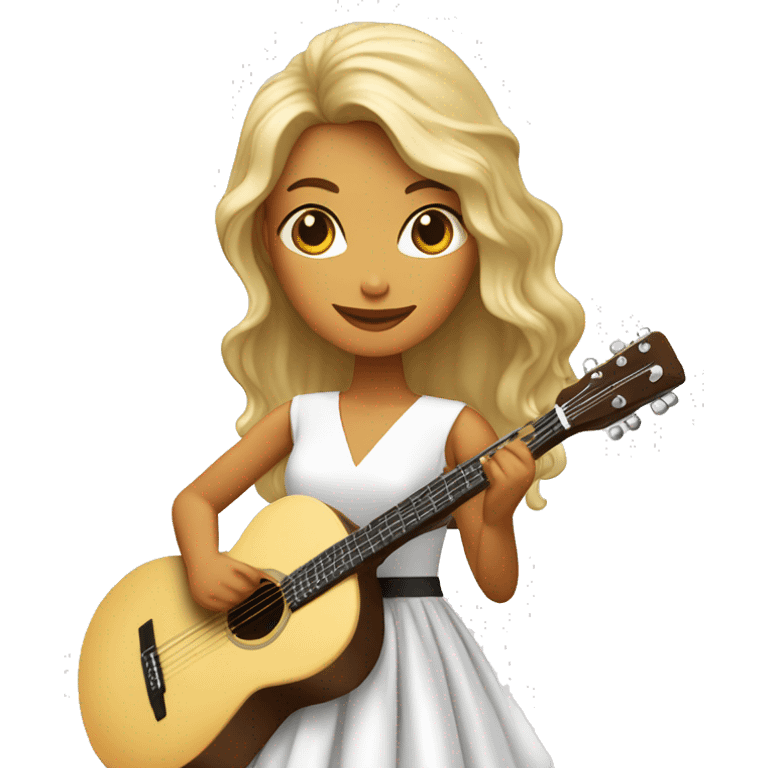 Chica de pelo café y piel blanca con un vestido blanco sosteniendo una guitarra emoji